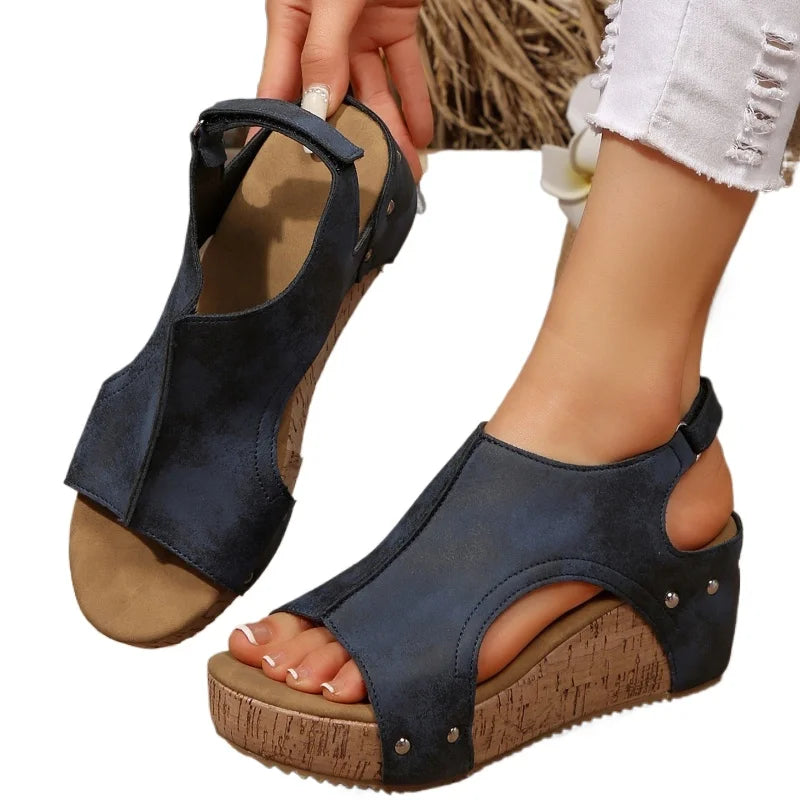Women's platform wedge peep-toe sandals in dark blue, ankle strap and cork-look sole