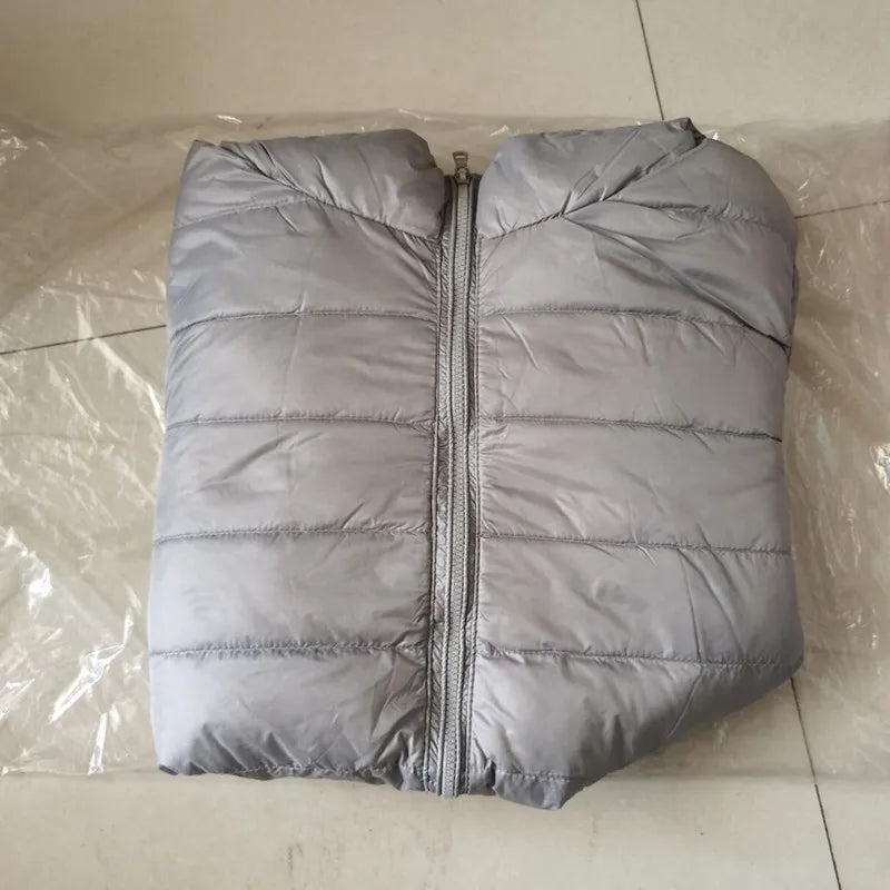 Light gray puffer jacket with full-zip front and quilted horizontal baffles