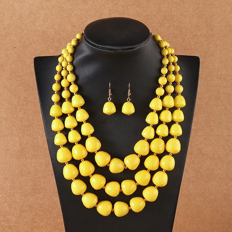 Layered beaded necklace and drop earrings set, yellow bead layers with gold hooks