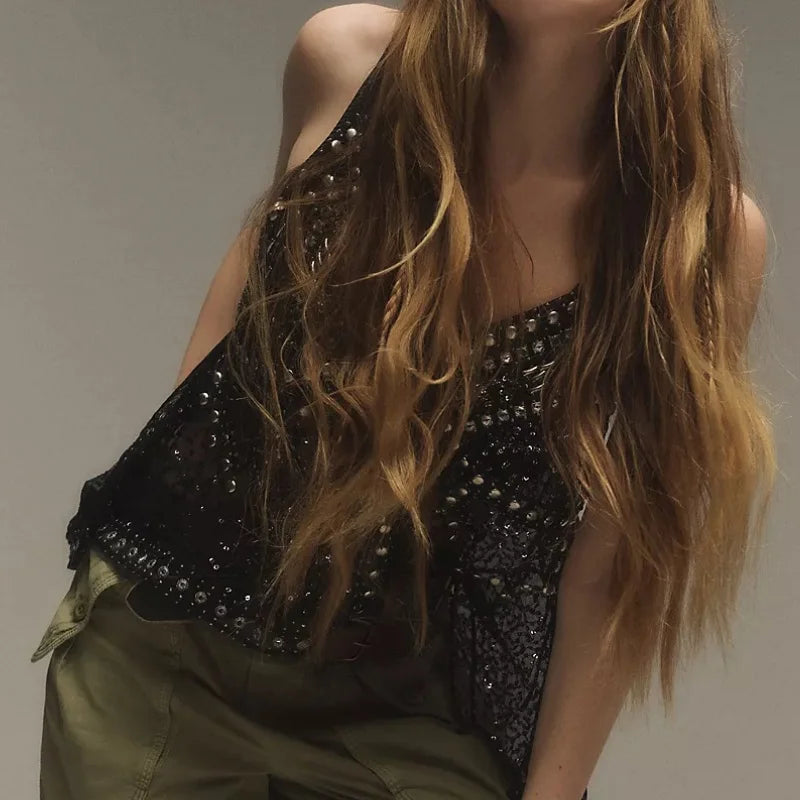 Black beaded sequin crop top with V neckline and layered scalloped hem