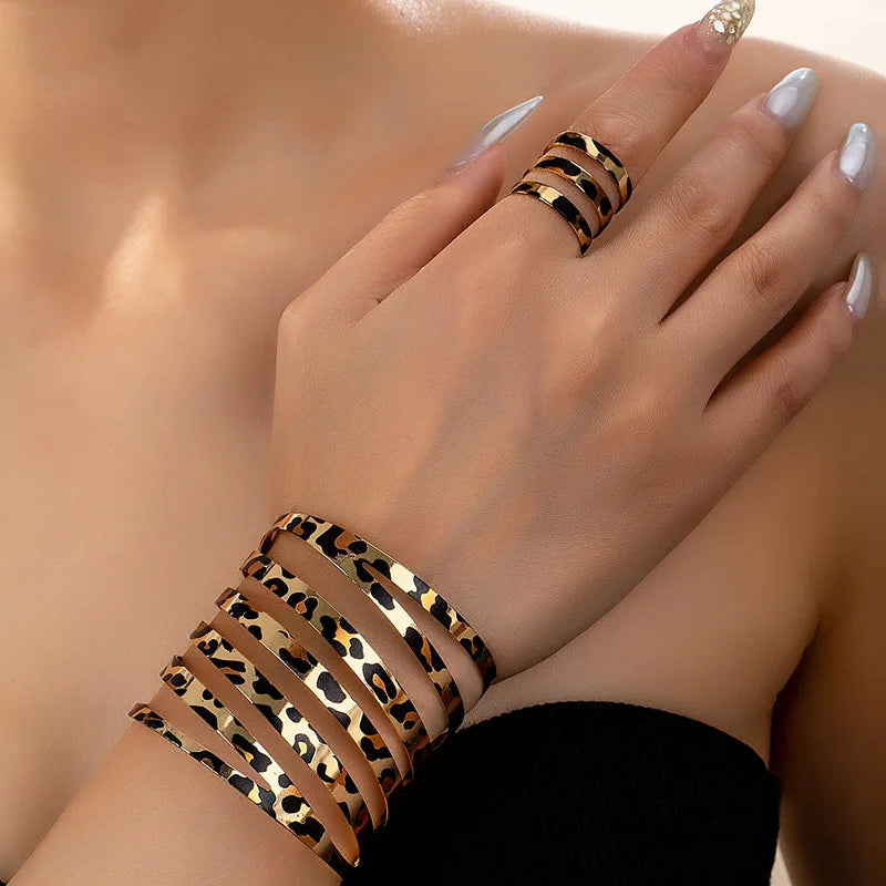 Leopard Print Bracelet & Ring Set | 2pc Hollow Striped Stainless Steel Jewelry