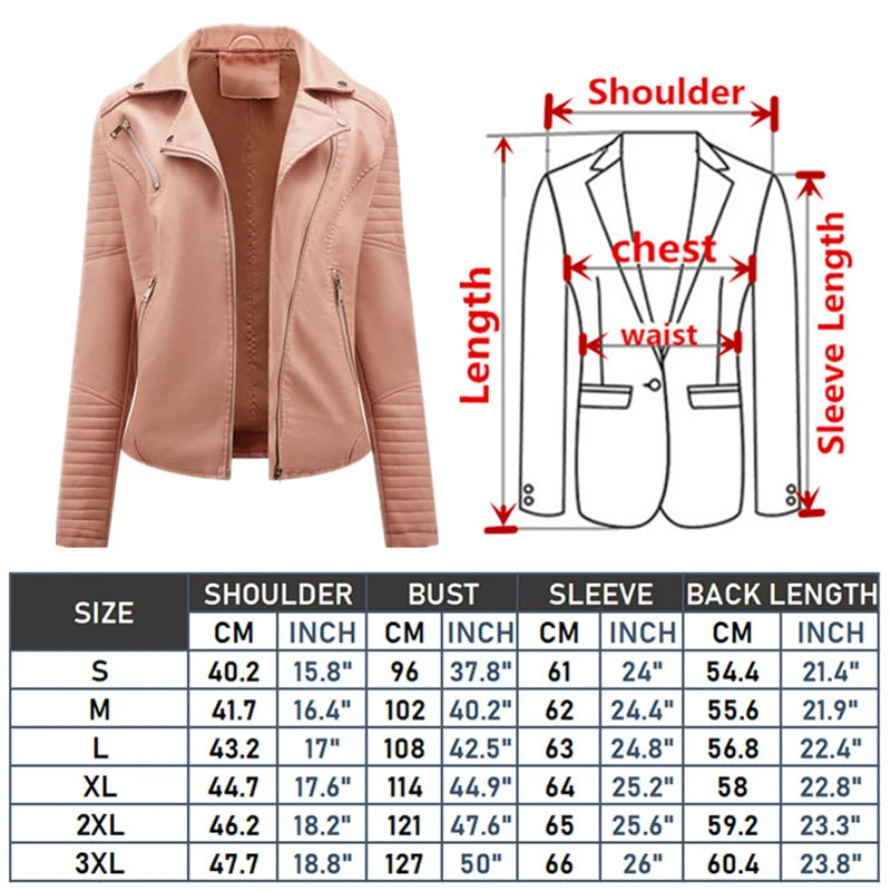 Biker jacket size chart diagram with labeled shoulder, chest, waist, sleeve, length