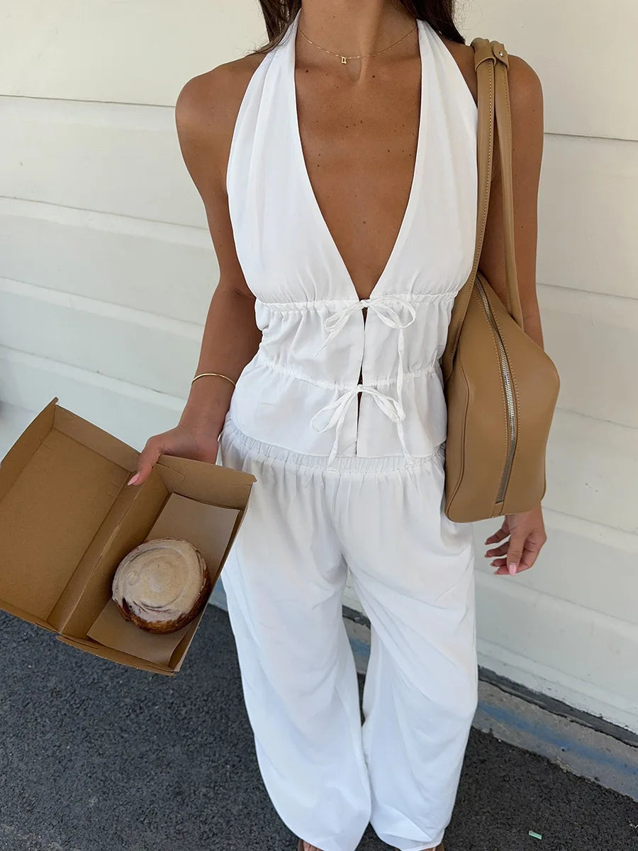 Lace-Up Halter Tank & Wide-Leg Pants Set