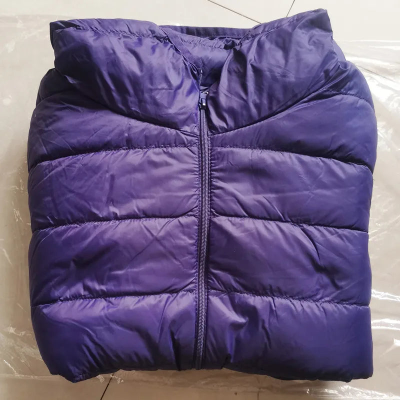 Women’s short puffer jacket, purple, zip-front with hood