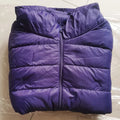 Women’s short puffer jacket, purple, zip-front with hood
