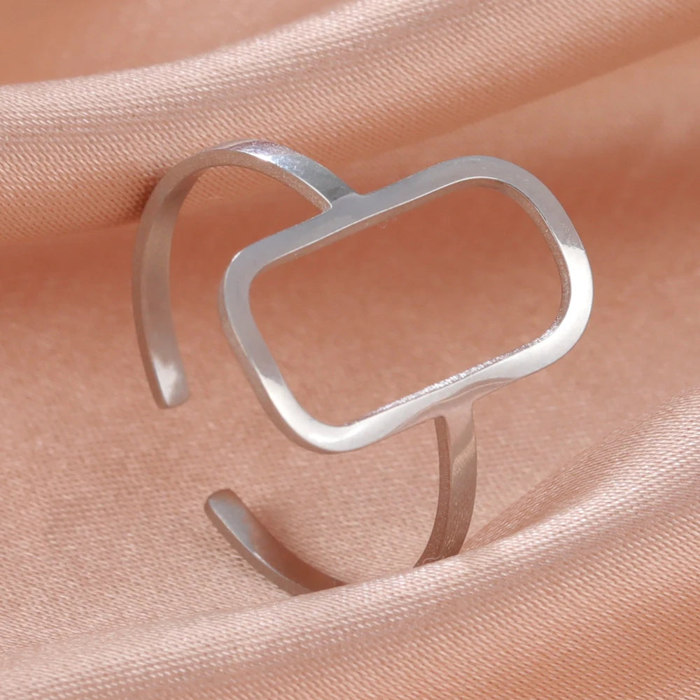 Rectangular Geometric Open Ring | 18K Gold-Plated Adjustable Stainless Steel Ring for Women