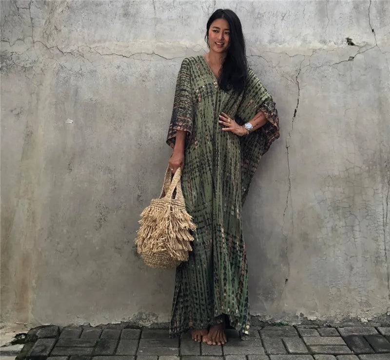 Bohemian Striped Beach Dress | Printed Kaftan Swimsuit Cover Up for Women