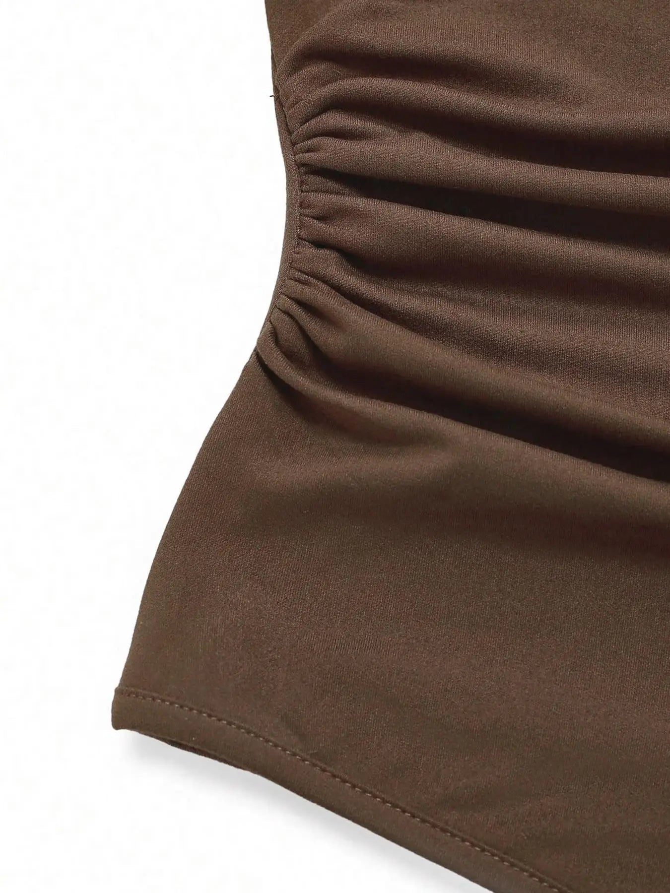 Brown stretch fabric with ruched seam details and curved hem, two-piece set