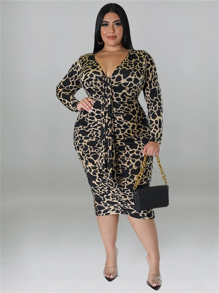 Plus size V-neck bodycon dress, long sleeves, leopard print with front tie detail