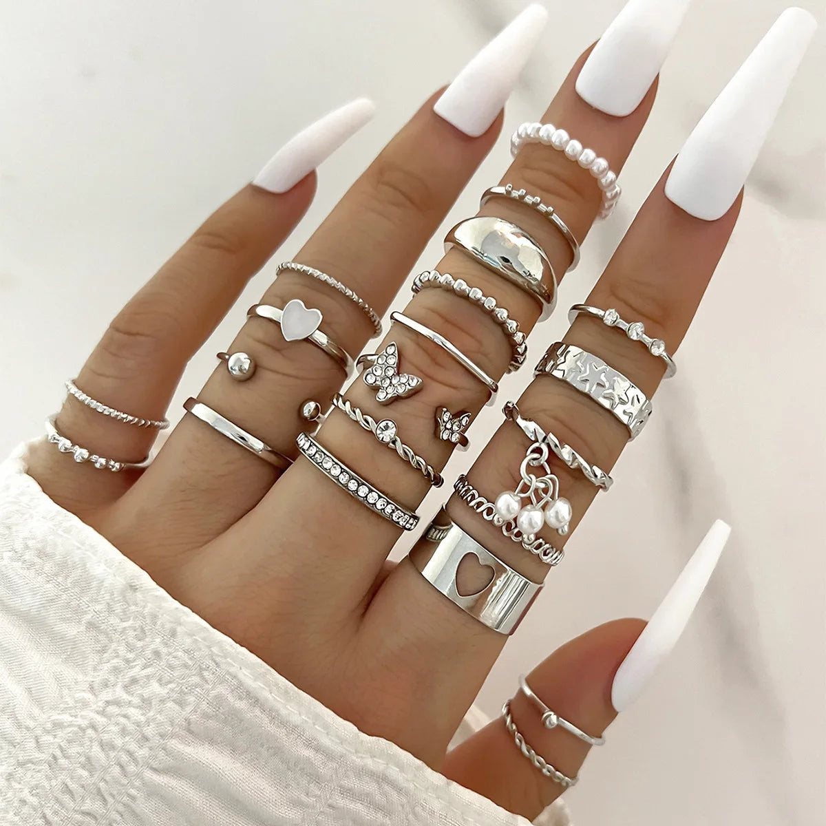 Crystal Wave & Heart Ring Set | Bohemian Stackable Rings for Women