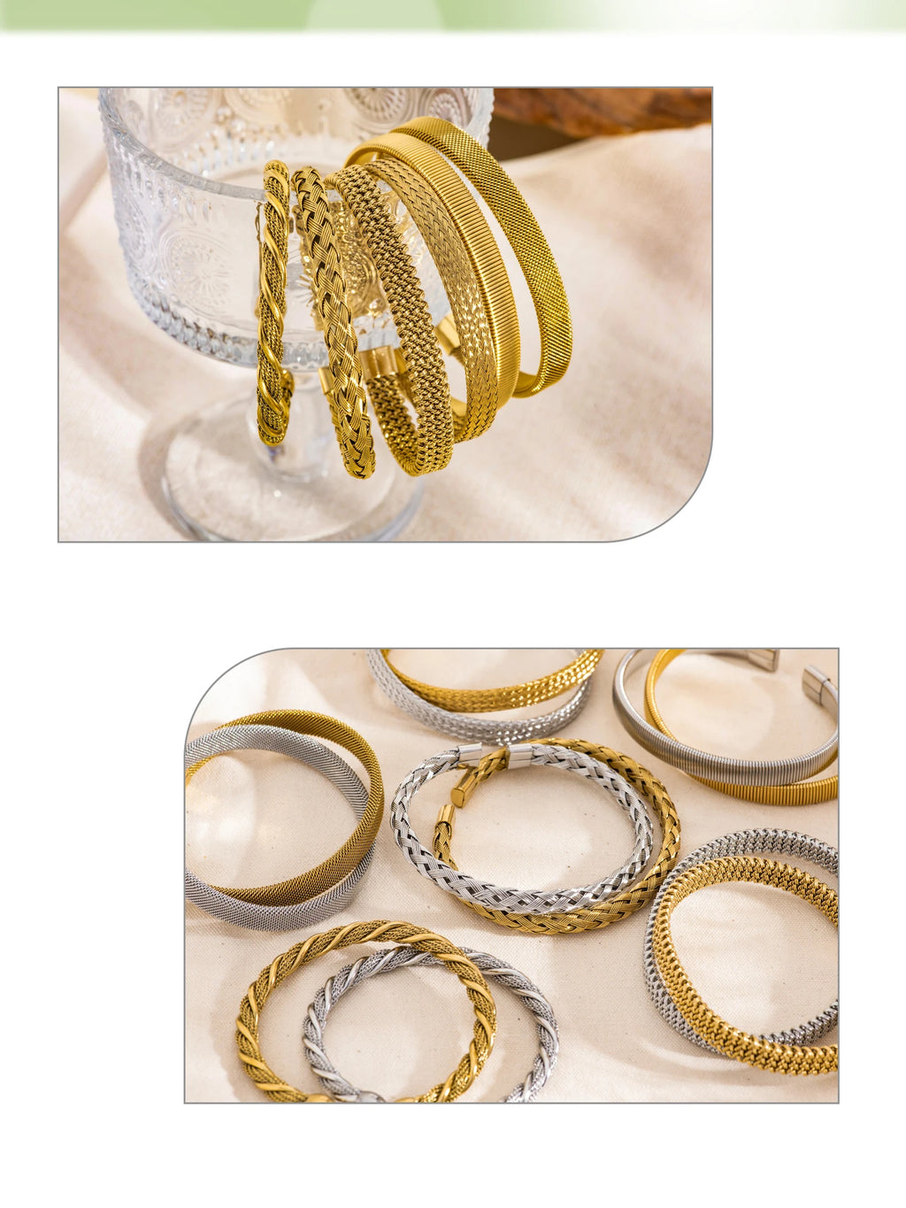 Set of woven gold and silver open bangle bracelets displayed together