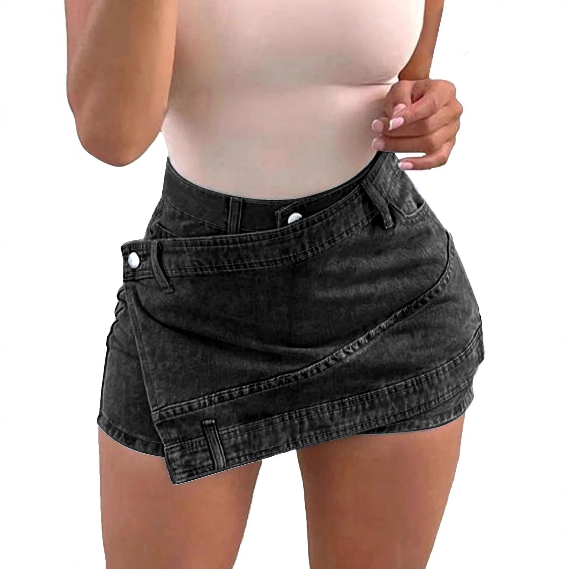 Black high-waist denim shorts with button closure, stitched hem, and side pockets
