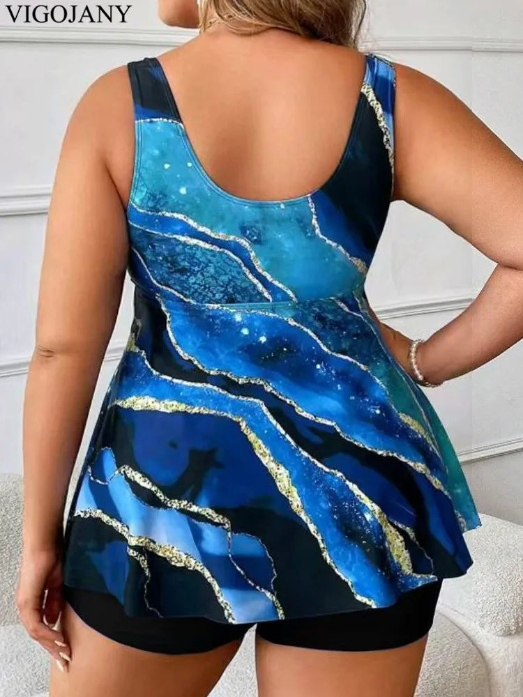 Women's Plus Size Strappy Tankini Set | Printed High-Waist Brazilian Two-Piece Swimsuit | 0XL–4XL
