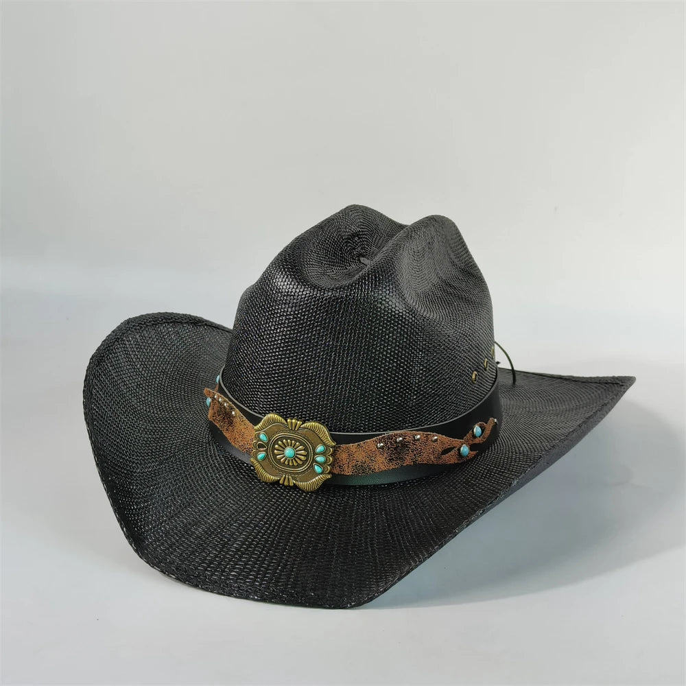 Western Straw Cowboy Hat with Turquoise Bolo Tie