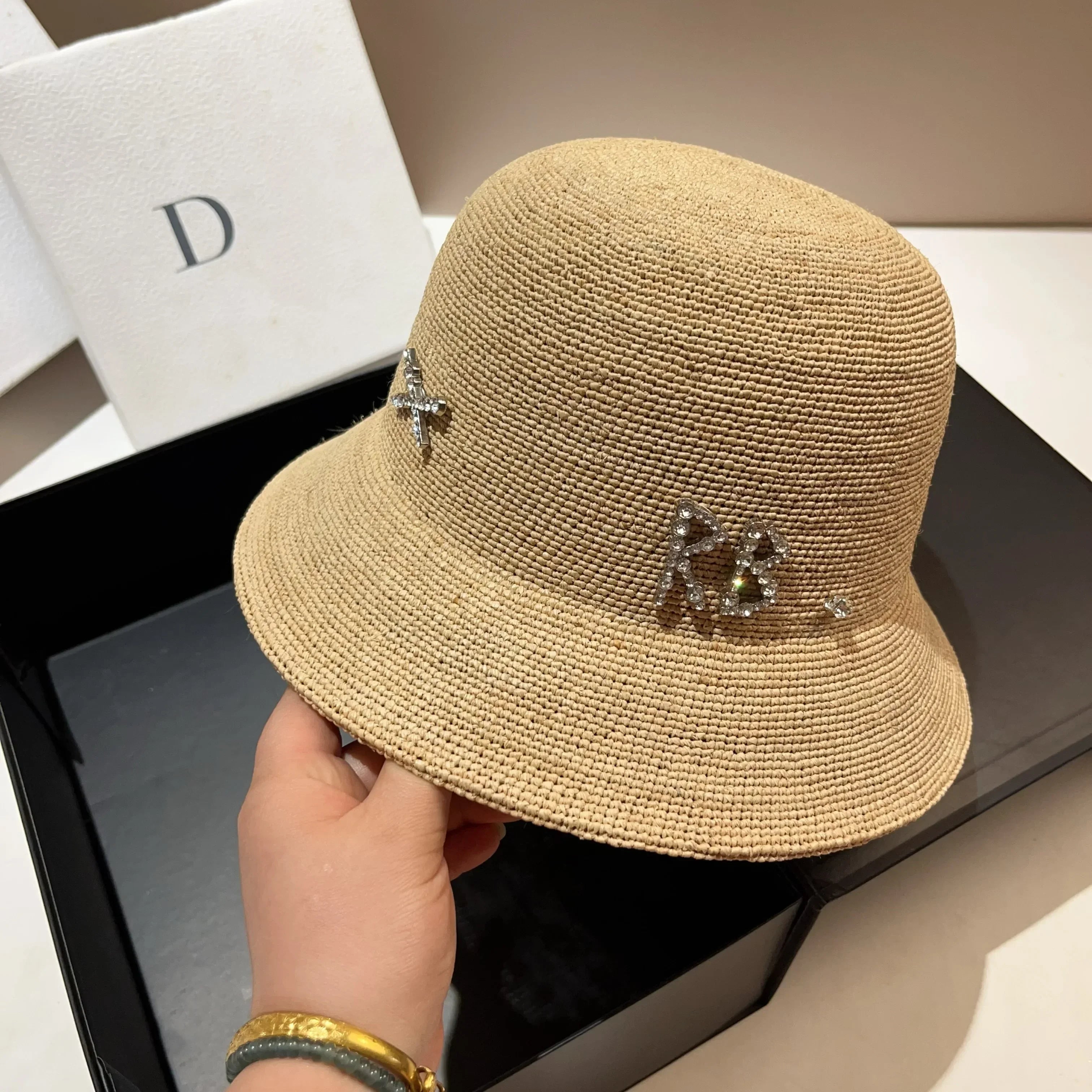 Rhinestone Luxury Raffia Crochet Bucket Hat