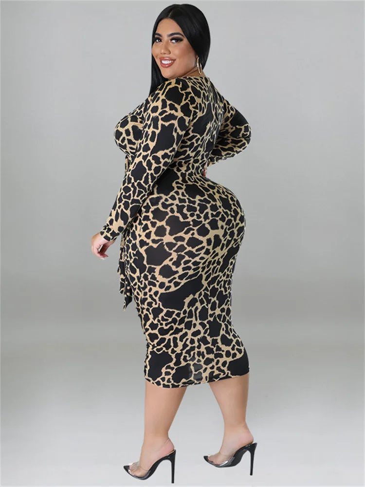 Women's plus size V-neck bodycon dress, tan and brown leopard print, long sleeves