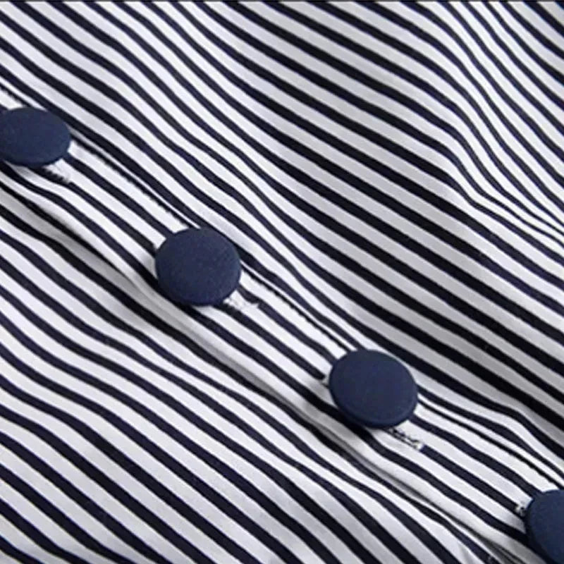 Navy and white striped fabric with dark round buttons trim detail