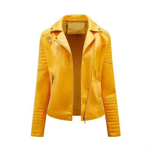 Yellow faux leather biker jacket with v-neck, front zip, and zip pocket details