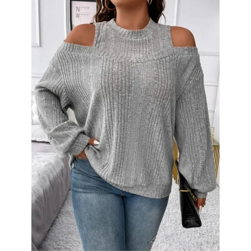 Gray off-shoulder knit pullover with ribbed cuffs and high collar splice