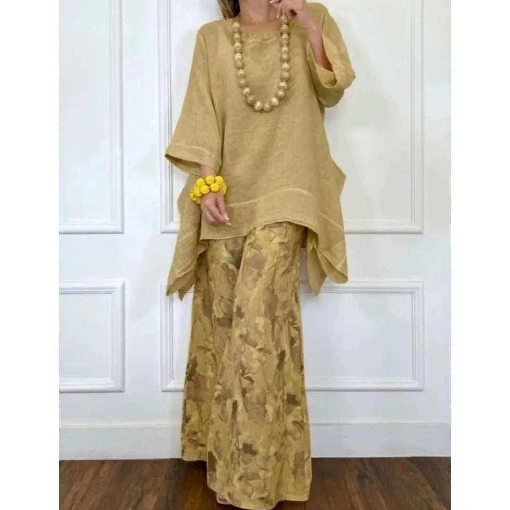 Khaki printed tunic and wide-leg pants set with loose sleeves and flowing hem