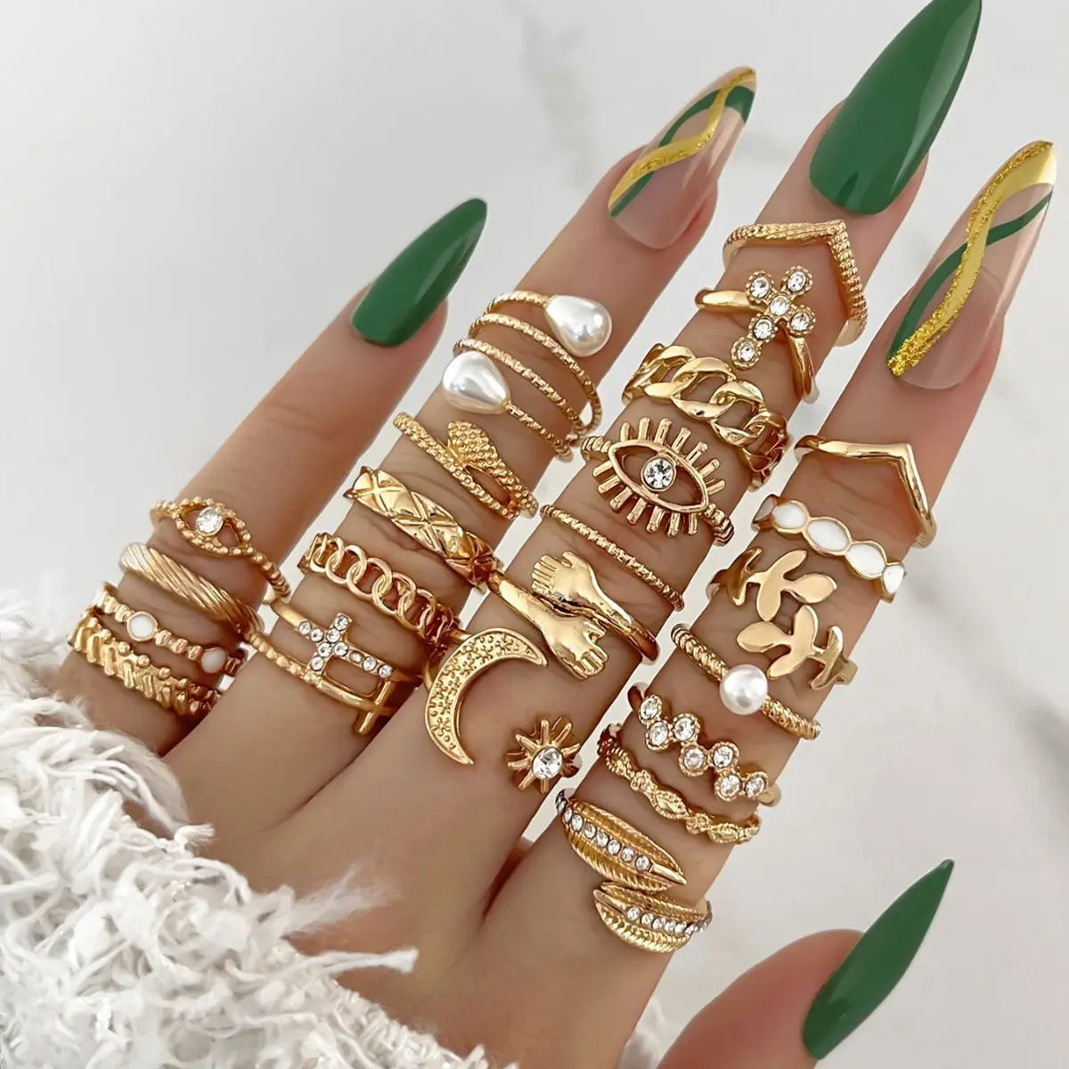 Crystal Wave & Heart Ring Set | Bohemian Stackable Rings for Women