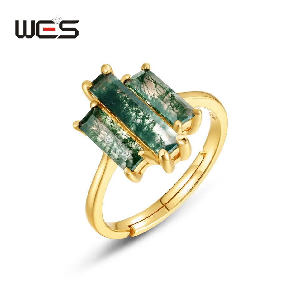 Moss agate three-stone ring with green rectangular stones and gold-plated setting