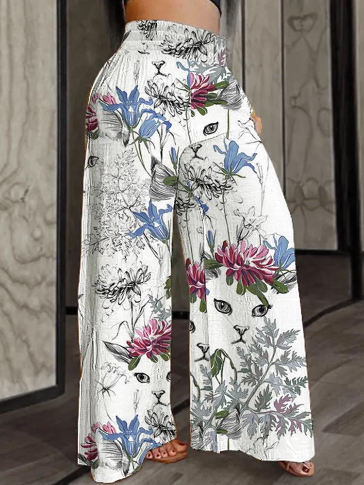 Women’s plus size wide-leg pants, white with colorful botanical illustration print, high waist
