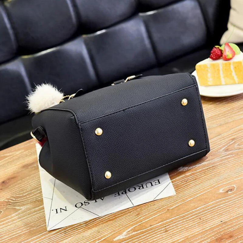 Vintage PU Leather Handbag | Plush Tassel Boston Shoulder Crossbody Bag