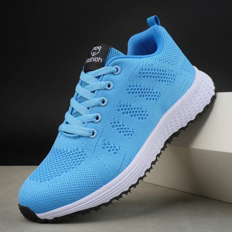 Sky blue mesh lace-up platform sneakers with white sole and padded collar