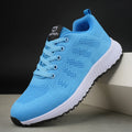 Sky blue mesh lace-up platform sneakers with white sole and padded collar