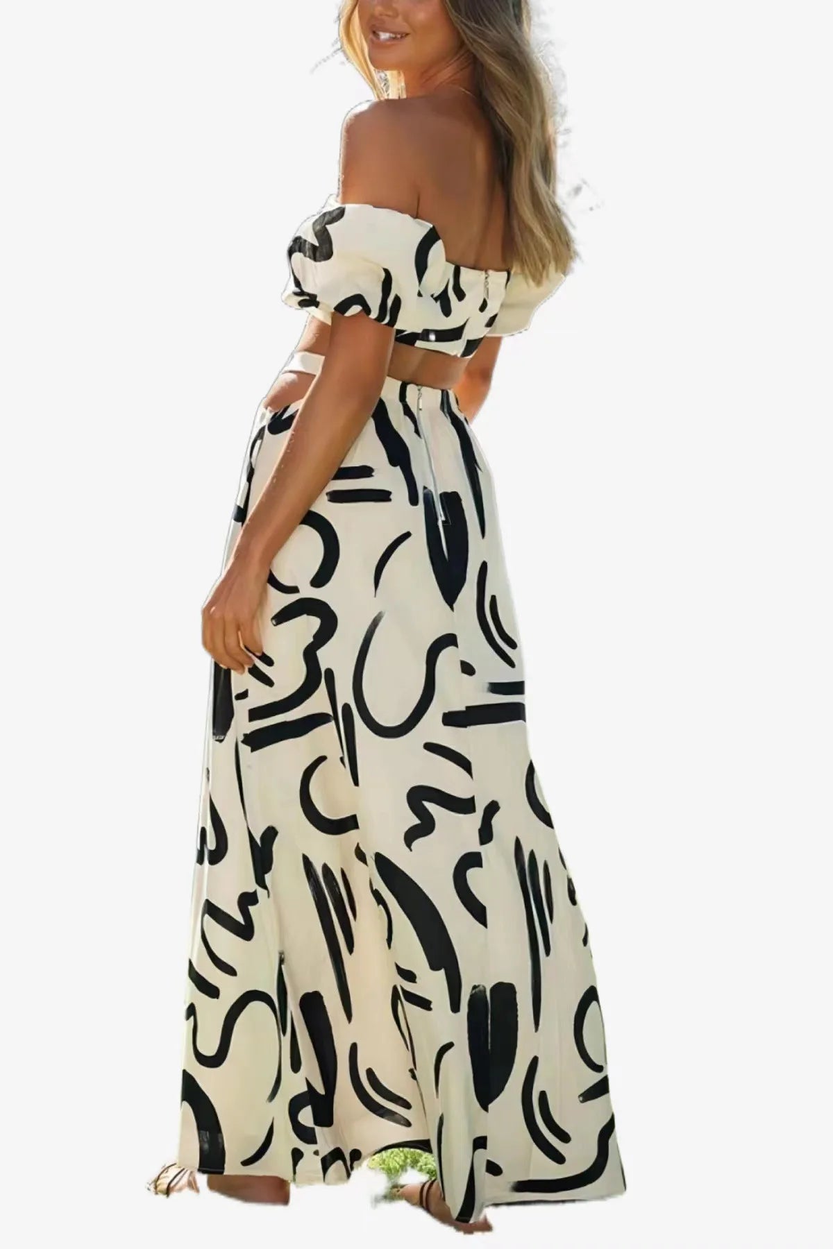 Puff Sleeve Crop Top & Hollow Waist Dress Set