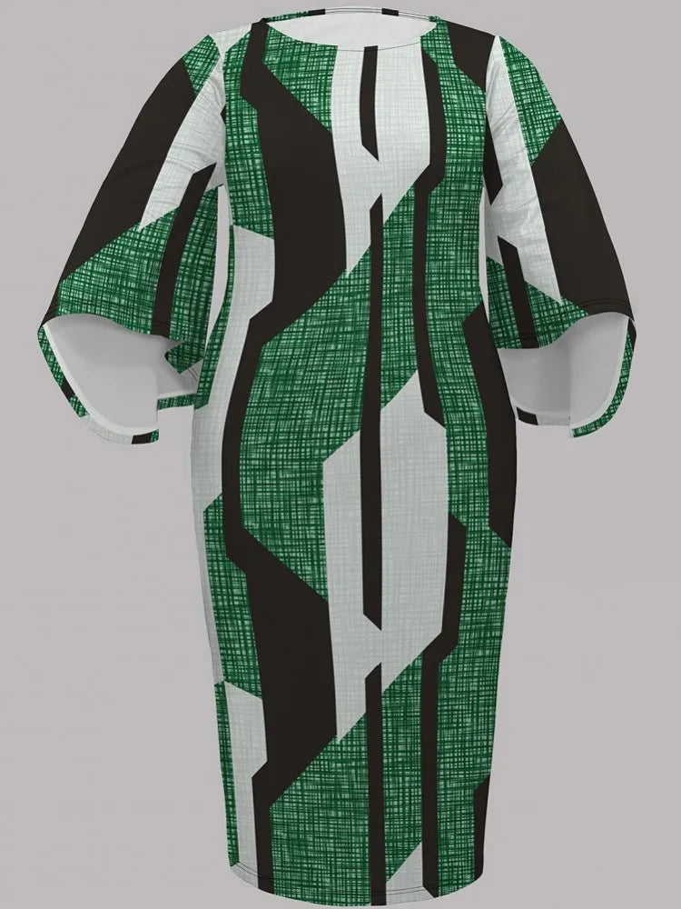 Plus size midi dress, loose fit O-neck, empire waist, green and white vertical stripe print