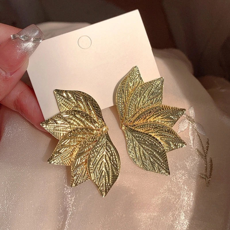 Oversized Gold Leaf Drop Earrings | Exaggerated Plant Drop Earrings for Women