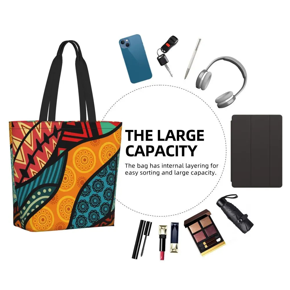 African Ankara Print Canvas Tote Bag | Washable Bohemian Shoulder Shopper