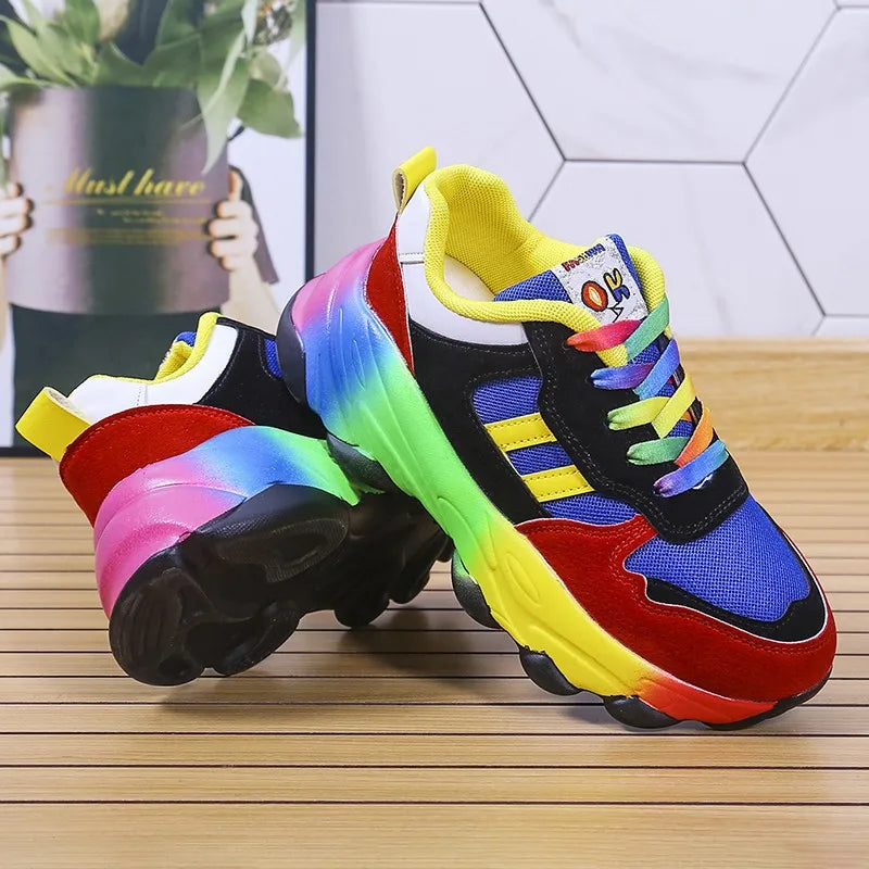 Women's colorful platform sneakers, lace-up, black and blue with neon rainbow sole