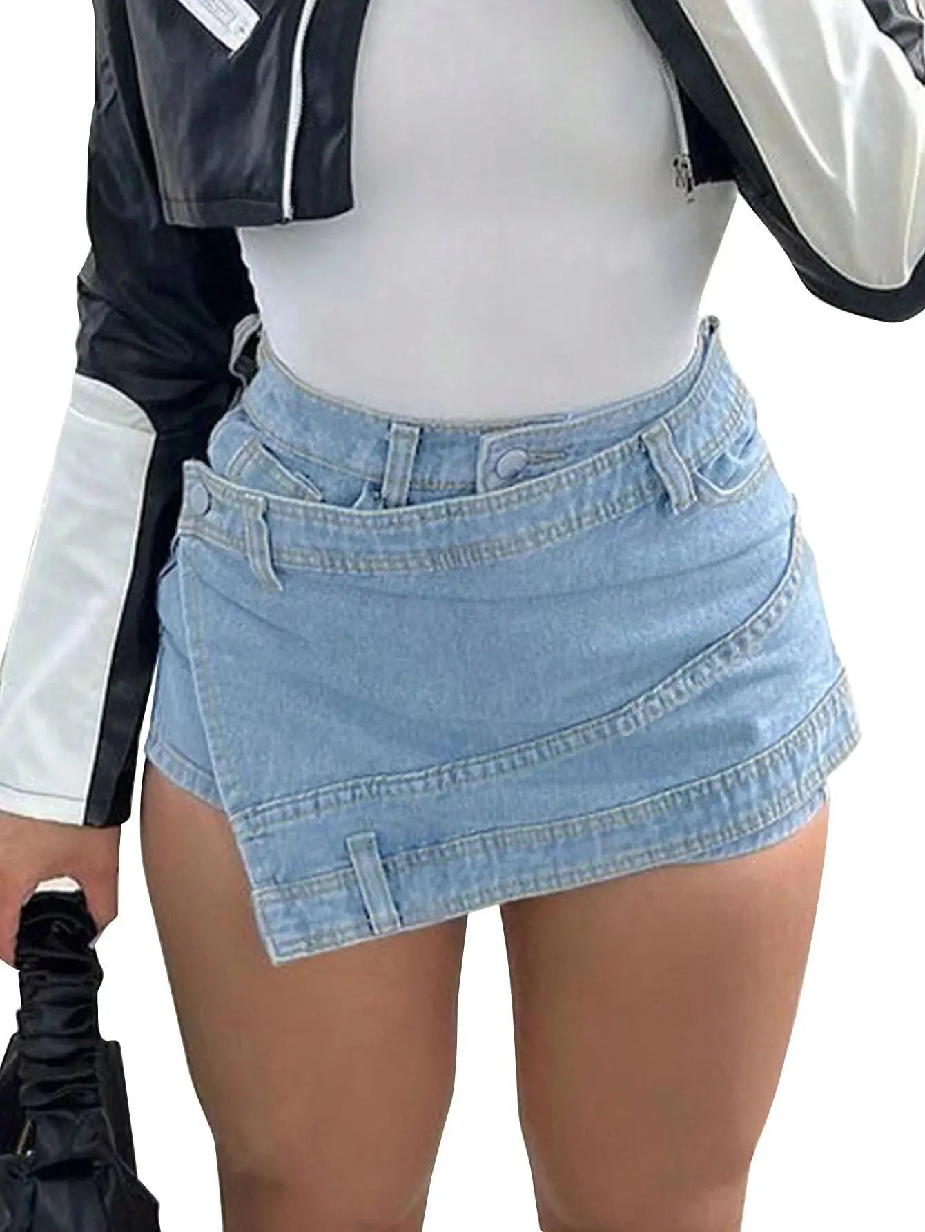 Light blue high-waist denim shorts with layered look, button closure, and stitched seams