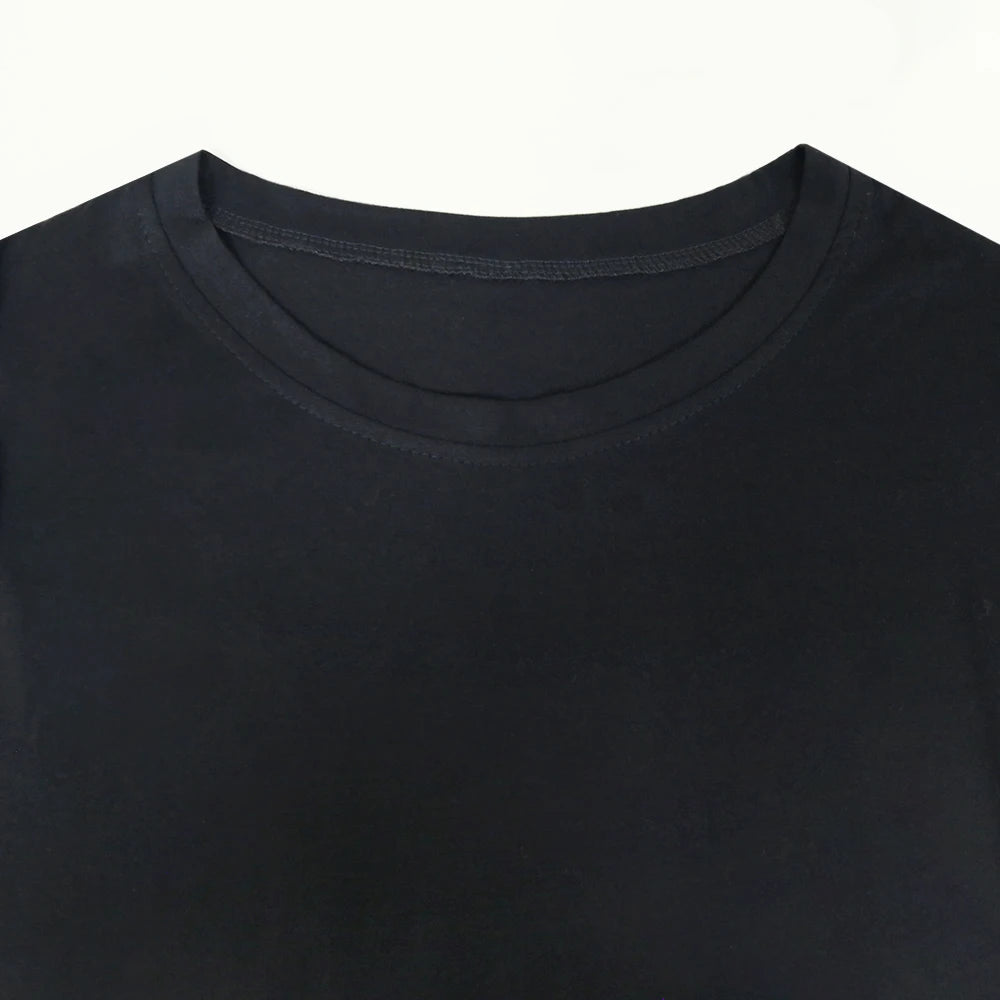 Black sleeveless top neckline close-up with crew neck collar detail