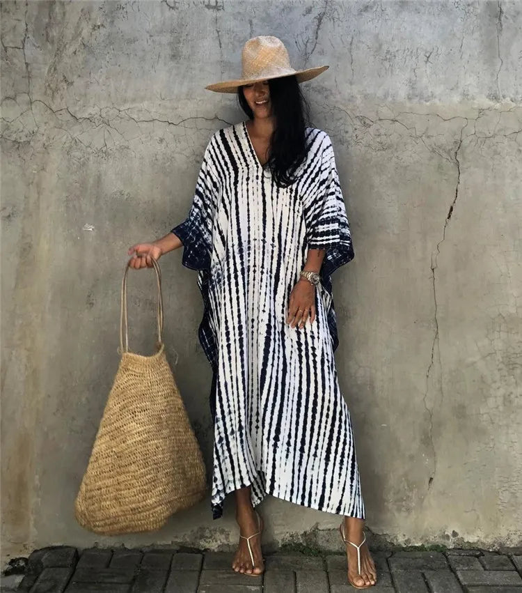 Bohemian Striped Beach Dress | Printed Kaftan Swimsuit Cover Up for Women