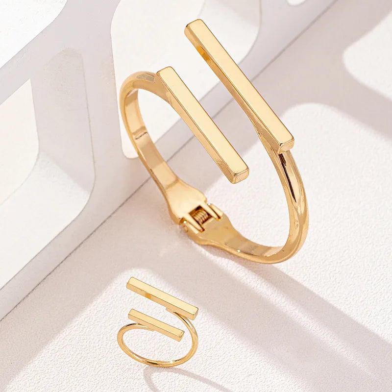 Geometric Open Bracelet & Ring Set | 2pc Stainless Steel Jewelry