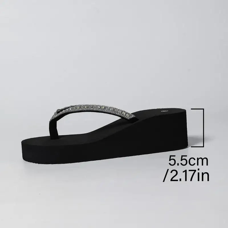Black Crystal Wedge Flip Flops | Platform EVA Beach Sandals for Women