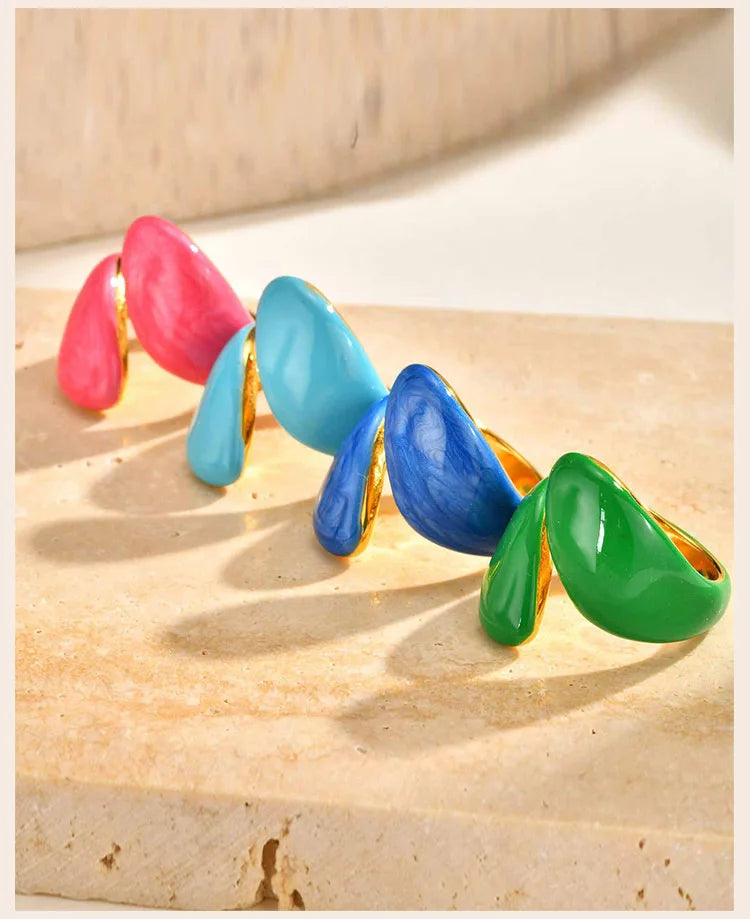 Chunky Enamel Crossover Ring | Bold Geometric Stainless Steel Stackable Ring for Women
