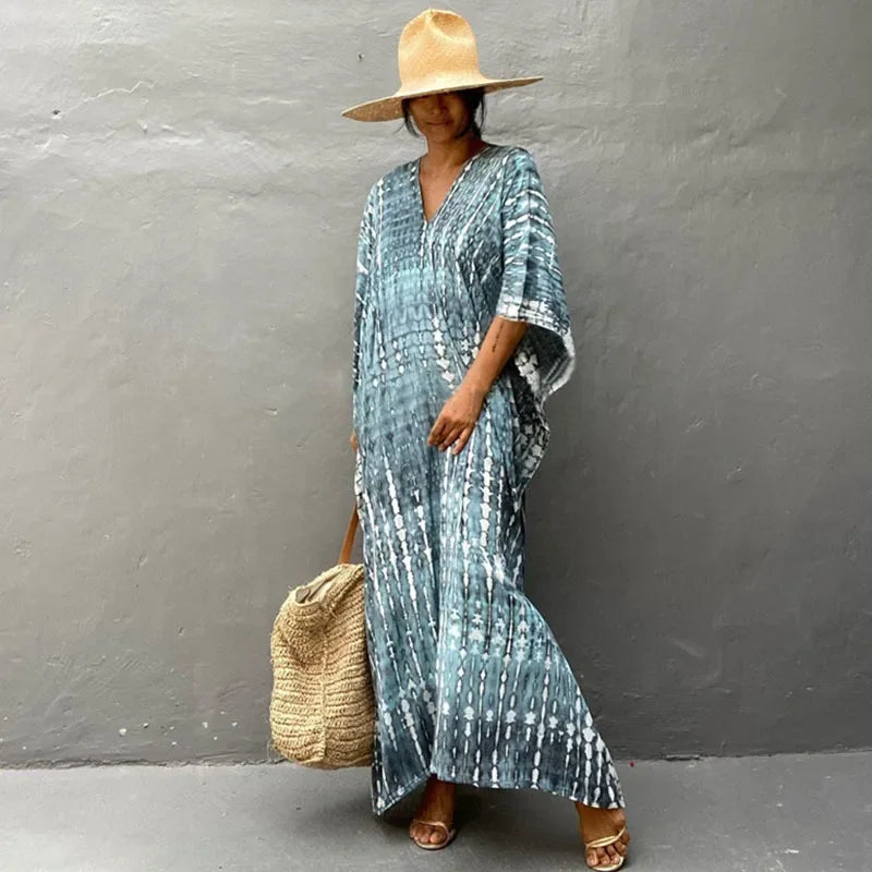 Women’s bohemian beach kaftan dress, light blue with white ikat pattern, V-neck maxi