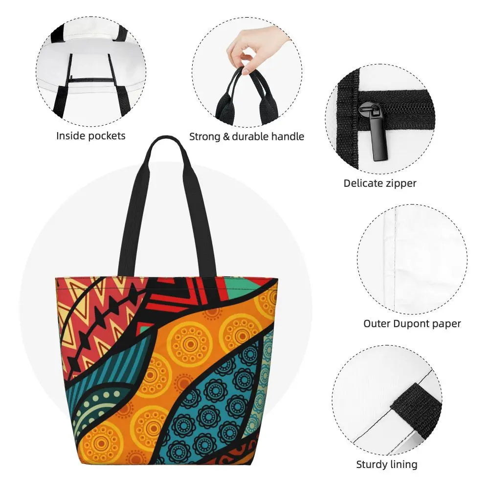 African Ankara Print Canvas Tote Bag | Washable Bohemian Shoulder Shopper
