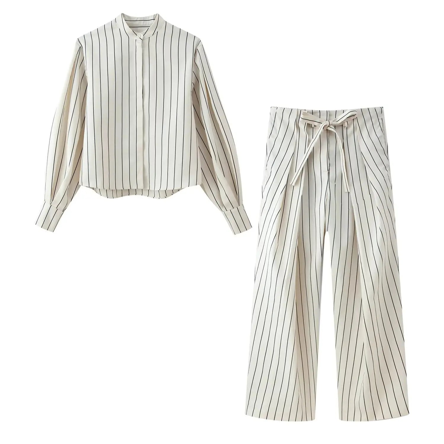 Two-piece striped set: button-up shirt and wide-leg drawstring pants, off-white/navy