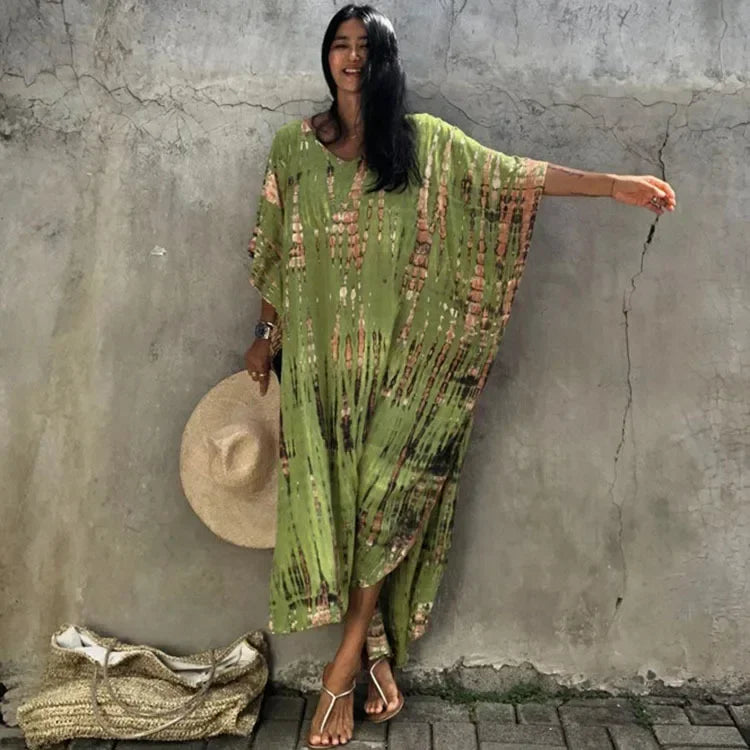 Printed kaftan cover-up in olive green with multicolor vertical motifs, relaxed maxi length