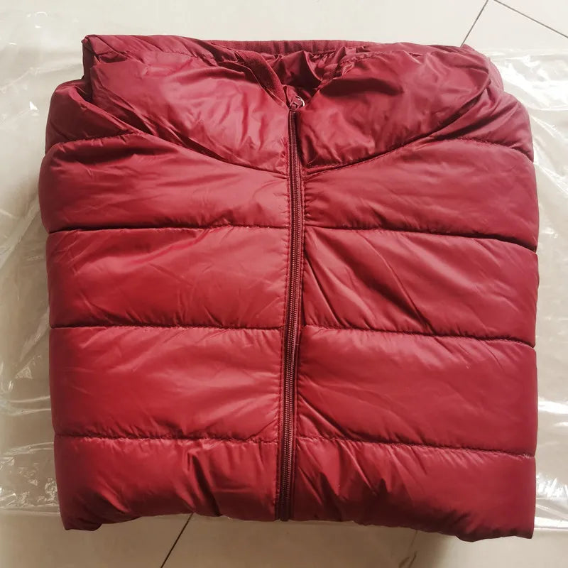 Burgundy puffer jacket with full-zip front and quilted horizontal baffles