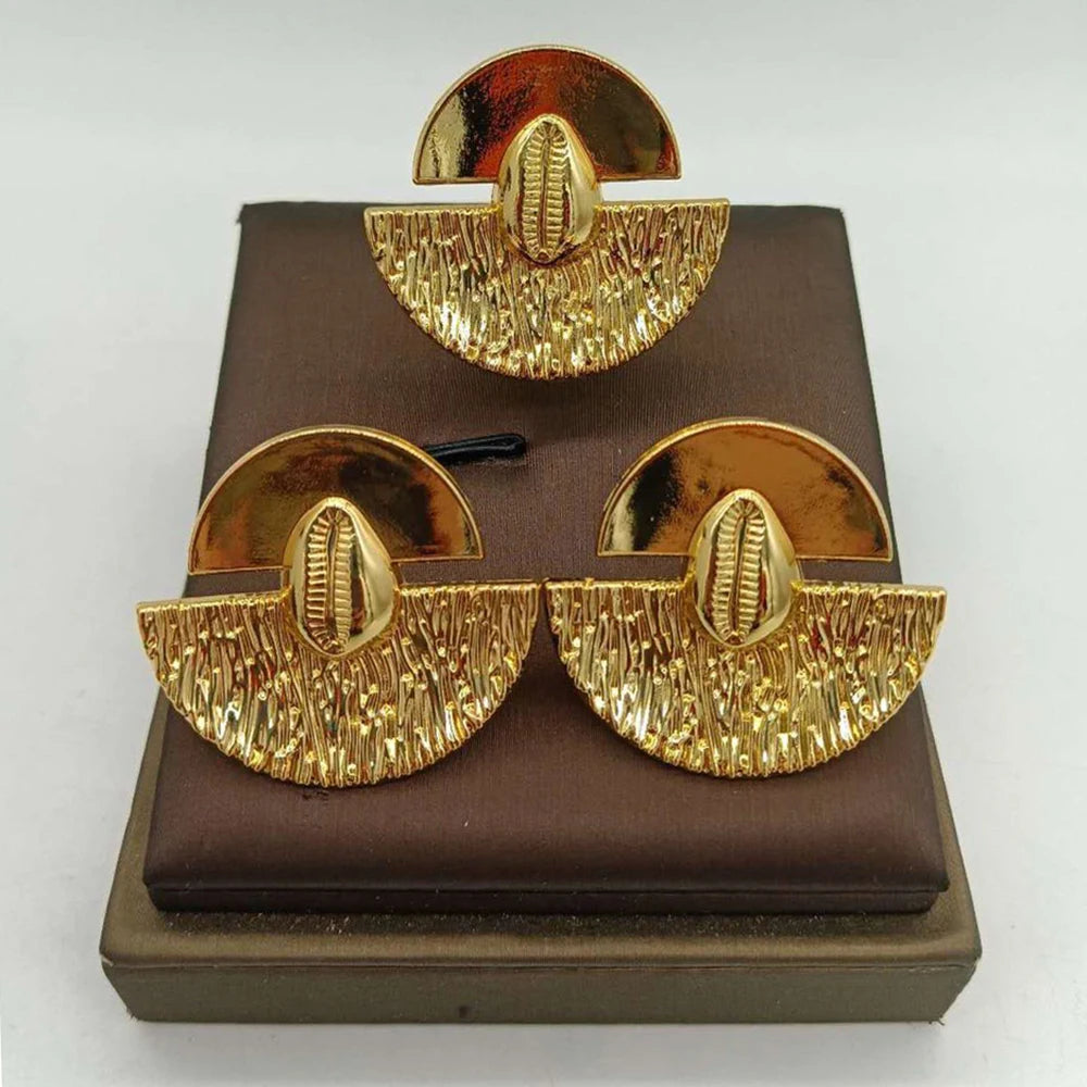 African 18K Gold Earring & Ring Set | 2-Piece Gold-Plated Jewelry Set for Women
