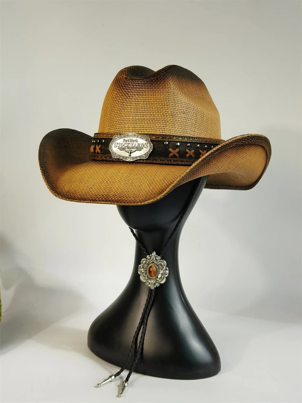 Western Straw Cowboy Hat with Turquoise Bolo Tie
