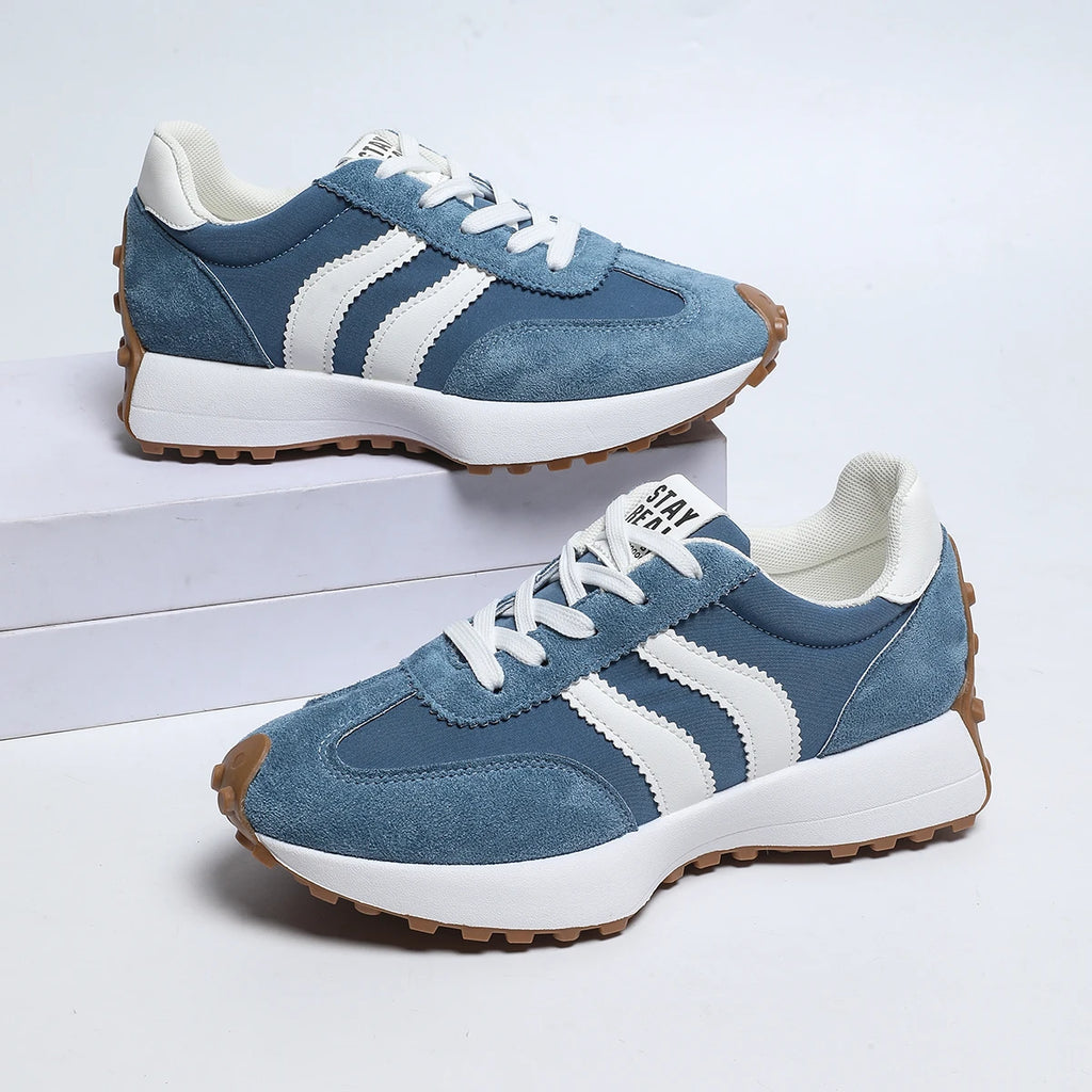 Women's lace-up sneakers, blue suede with white side stripes and gum rubber outsole