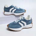 Women's lace-up sneakers, blue suede with white side stripes and gum rubber outsole